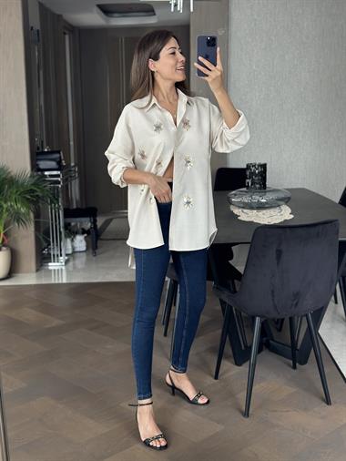 Bej Göz Nakışlı Keten Aerobin Kadın Gömlek