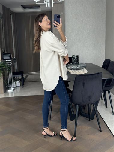 Bej Göz Nakışlı Keten Aerobin Kadın Gömlek