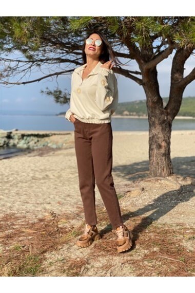 Bej Güneş Nakışlı Sweatshirt