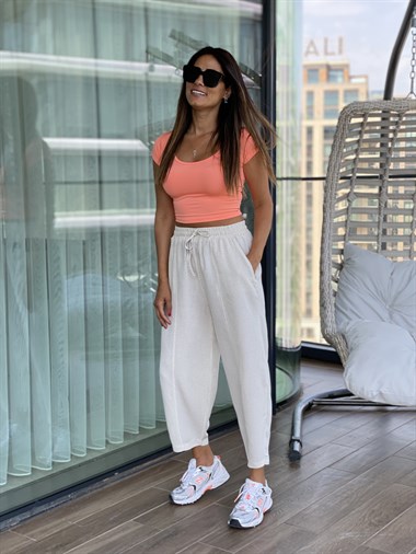 Bej Ham Keten Bel Lastikli Kadın Pantolon