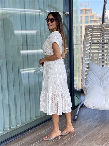 Bej Hasır Kemerli Dantel Kadın Elbise