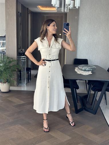 Bej İki Cebi Kapaklı Sıfır Kol Çift Yırtmaçlı Kemerli Keten Kadın Elbise