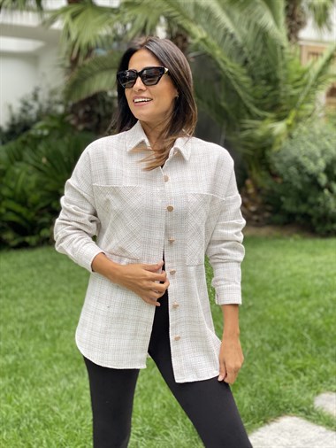 Bej İki Cepli Oversize Tüvit Kadın Gömlek