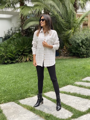 Bej İki Cepli Oversize Tüvit Kadın Gömlek