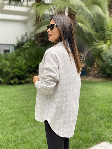 Bej İki Cepli Oversize Tüvit Kadın Gömlek