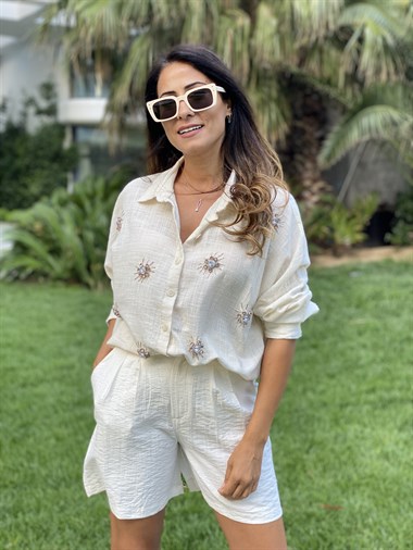 Bej İşlemeli Oversize Kadın Gömlek