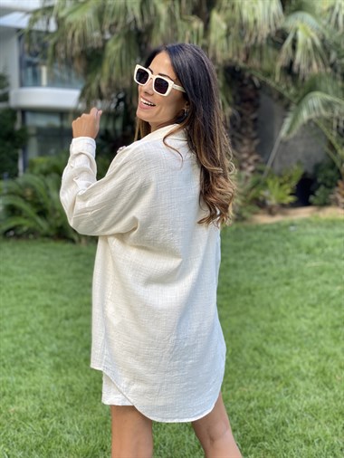 Bej İşlemeli Oversize Kadın Gömlek