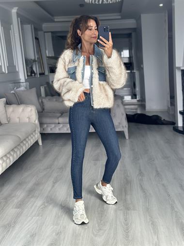 Bej İthal Jean Detaylı Kadın Kürk Ceket