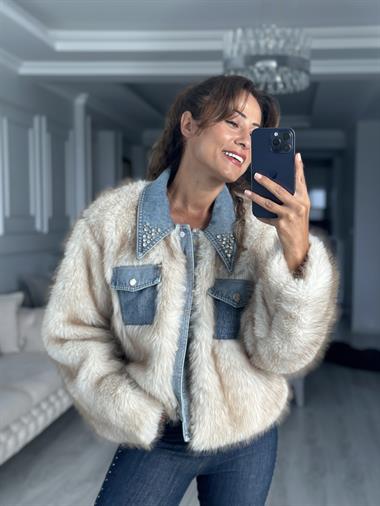 Bej İthal Jean Detaylı Kadın Kürk Ceket