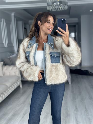 Bej İthal Jean Detaylı Kadın Kürk Ceket