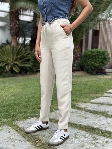 Bej Jogger Beli Bağcıklı Keten Kadın Pantolon