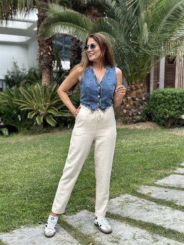 Bej Jogger Beli Bağcıklı Keten Kadın Pantolon