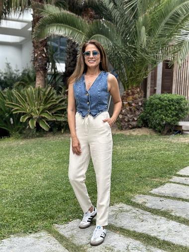 Bej Jogger Beli Bağcıklı Keten Kadın Pantolon