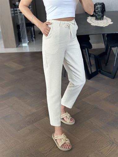 Bej Jogger Keten Tünelli Kadın Pantolon