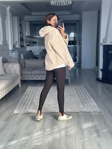 Bej Kapüşonlu Fermuarlı Cepli Polar Kadın Ceket