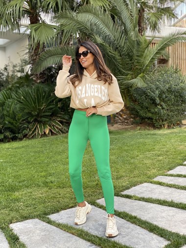 Bej Kapüşonlu Los Angeles Baskılı Kadın Sweatshirt