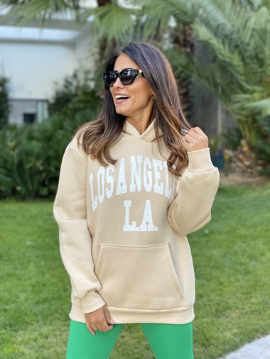 Bej Kapüşonlu Los Angeles Baskılı Kadın Sweatshirt