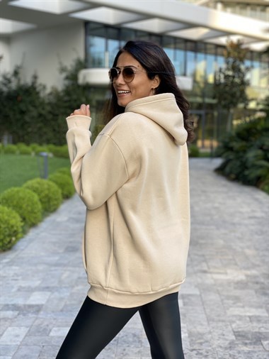 Bej Kapüşonlu Üç İplik Kanguru Cep Kadın Sweatshirt