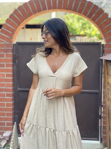 Bej Keten Aerobin V Yaka Maksi Boy Katlı Kadın Elbise