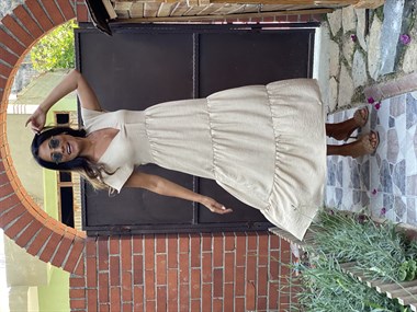 Bej Keten Aerobin V Yaka Maksi Boy Katlı Kadın Elbise