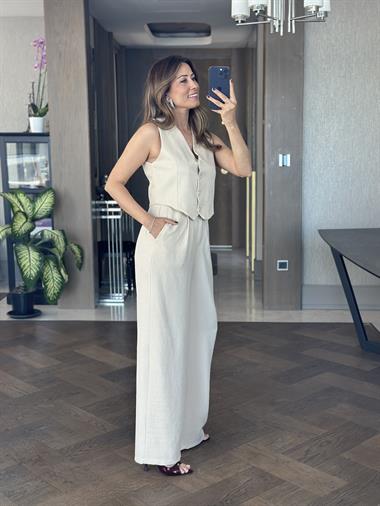 Bej Keten Aerobin Yelek Pantolon Kadın Takım