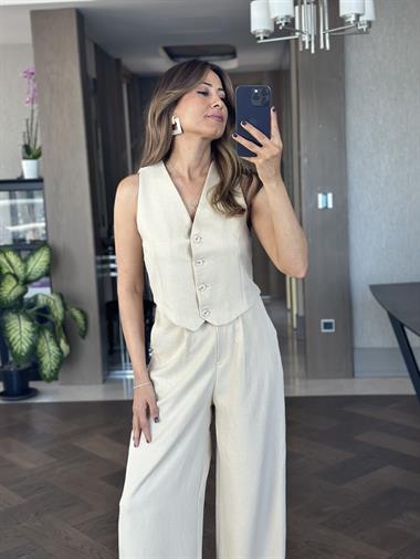 Bej Keten Aerobin Yelek Pantolon Kadın Takım