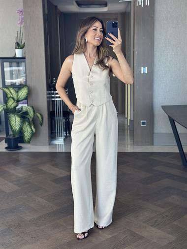 Bej Keten Aerobin Yelek Pantolon Kadın Takım