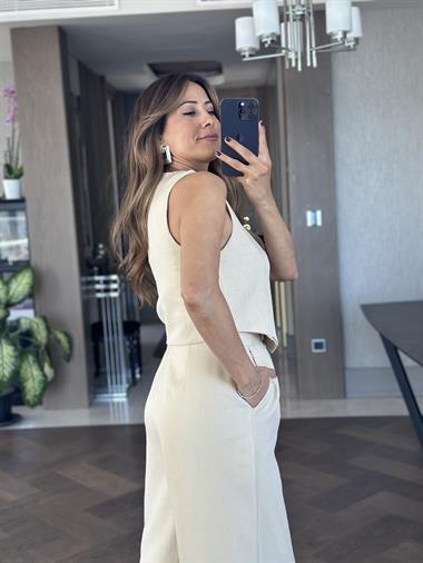 Bej Keten Aerobin Yelek Pantolon Kadın Takım