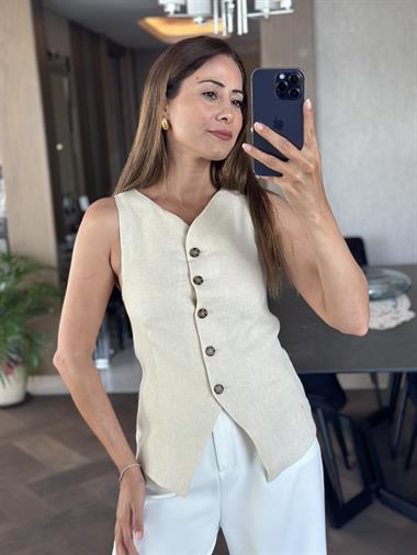 Bej Keten Beş Düğmeli Astarlı Kadın Yelek