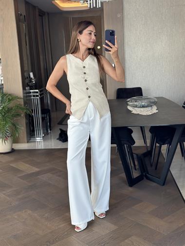 Bej Keten Beş Düğmeli Astarlı Kadın Yelek