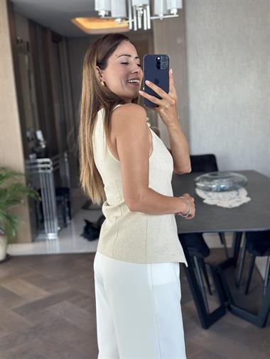 Bej Keten Beş Düğmeli Astarlı Kadın Yelek