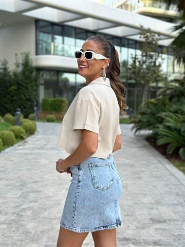 Bej Keten Marka Model Kısa Kol Kadın Crop Gömlek