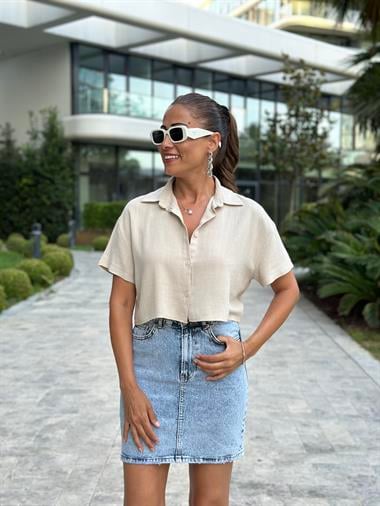 Bej Keten Marka Model Kısa Kol Kadın Crop Gömlek