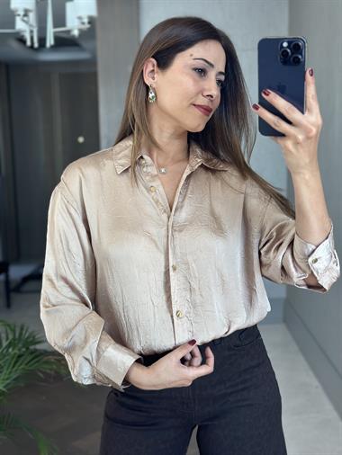 Bej Kırışık Saten Uzun Kol Kadın Gömlek