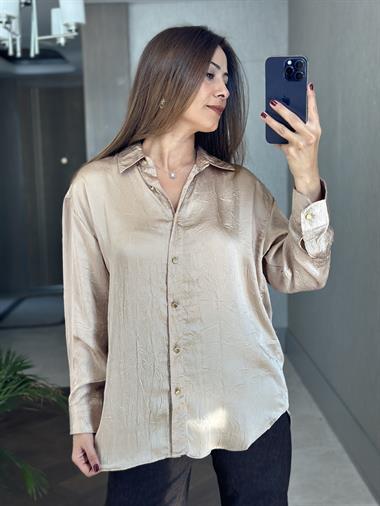 Bej Kırışık Saten Uzun Kol Kadın Gömlek