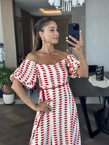 Bej Kırmızı Dudak Desenli İp Kuşaklı Midi Boy Kadın Elbise 