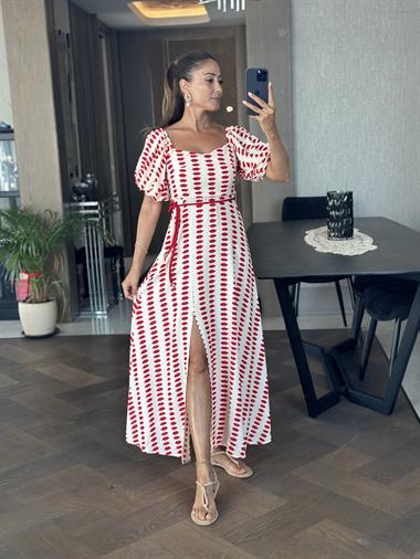 Bej Kırmızı Dudak Desenli İp Kuşaklı Midi Boy Kadın Elbise 