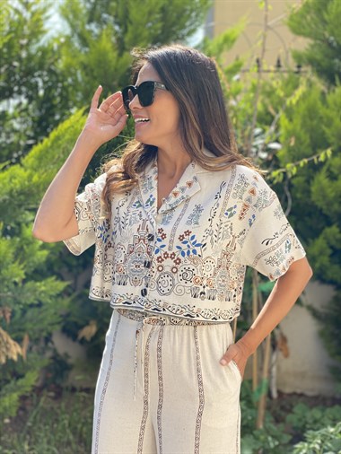 Bej Kısa Kol Etnik Desen Kadın İkili Takım
