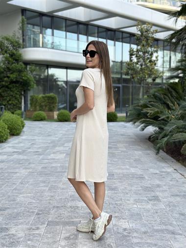 Bej Kısa Kol V Yaka Gofre Kadın Elbise