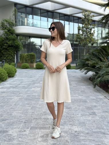 Bej Kısa Kol V Yaka Gofre Kadın Elbise