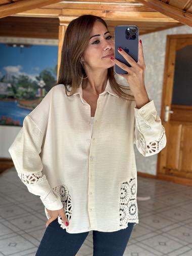 Bej Kol Ve Yanları Dantel Örgü  Kadın Gömlek