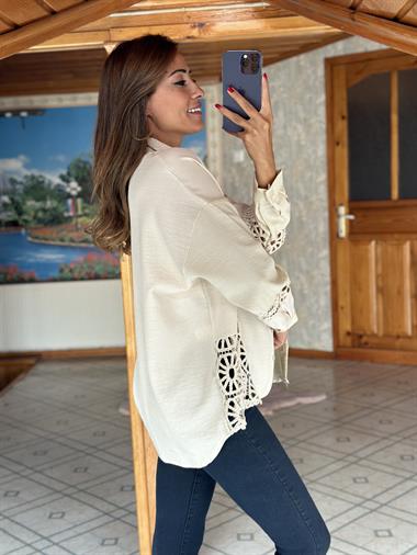 Bej Kol Ve Yanları Dantel Örgü  Kadın Gömlek