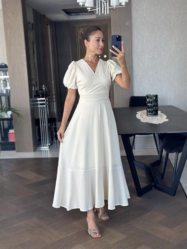 Bej Kruvaze Yaka Kuşaklı Kol Uçları Lastikli Midi Boy Kadın Elbise