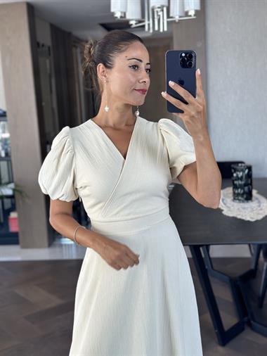 Bej Kruvaze Yaka Kuşaklı Kol Uçları Lastikli Midi Boy Kadın Elbise