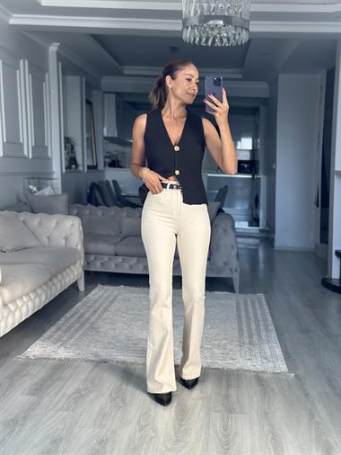 Bej Lacarino Likralı İspanyol Paça Kadın Jean Pantolon