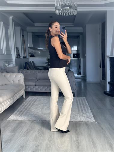 Bej Lacarino Likralı İspanyol Paça Kadın Jean Pantolon