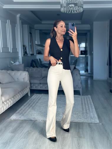 Bej Lacarino Likralı İspanyol Paça Kadın Jean Pantolon