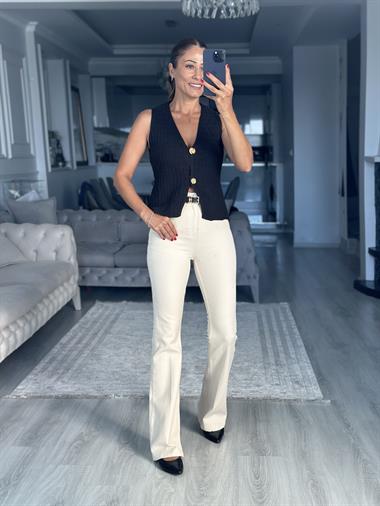 Bej Lacarino Likralı İspanyol Paça Kadın Jean Pantolon