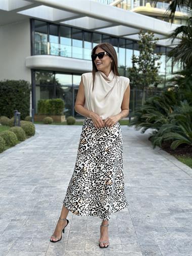 Bej Leopar Desen Beli Lastikli Saten Kadın Etek