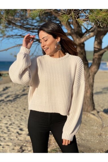 Bej Lingsli Bisiklet Yaka Kazak